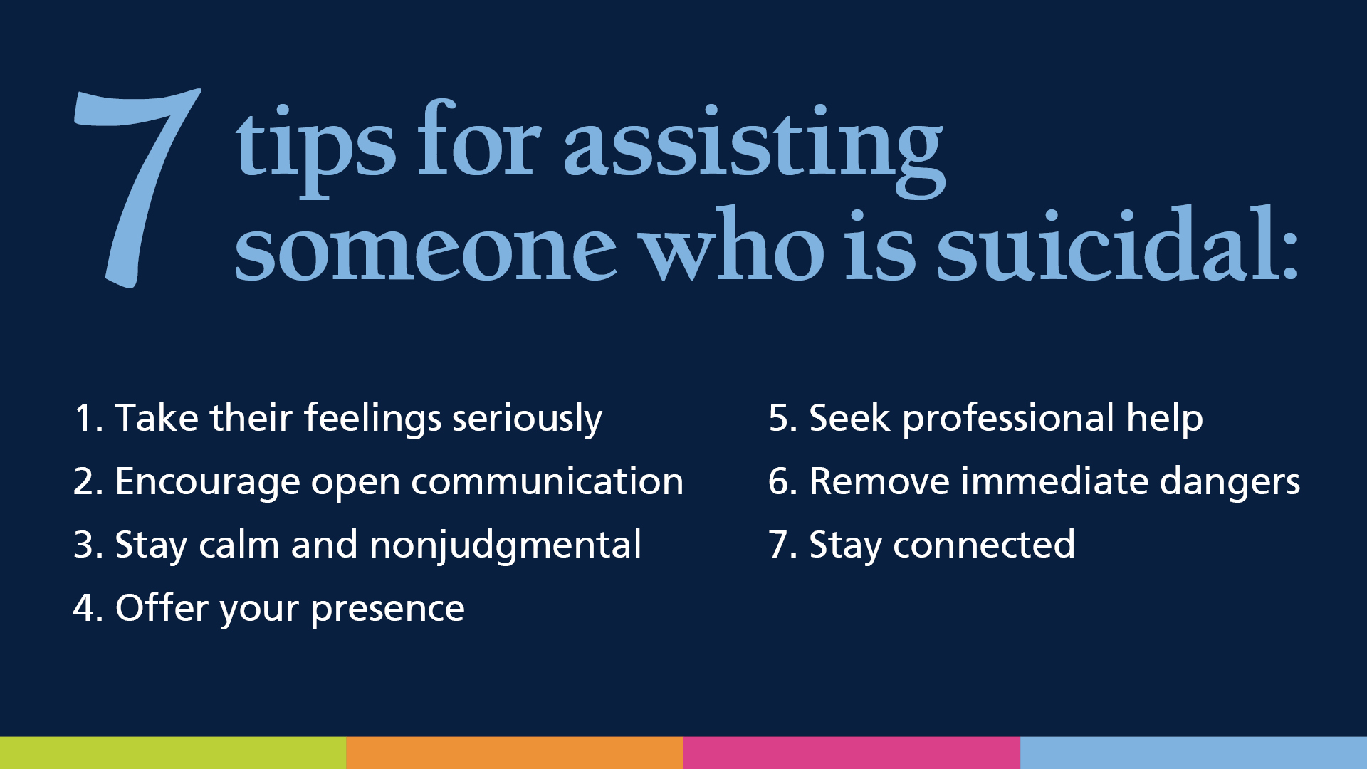 7 tips for assisting someone who is suicidal:
1. Take their feelings seriously
2. Encourage open communication
3. Stay calm and nonjudgmental
4. Offer your presence
5. Seek professional help
6. Remove immediate dangers
7. Stay connected