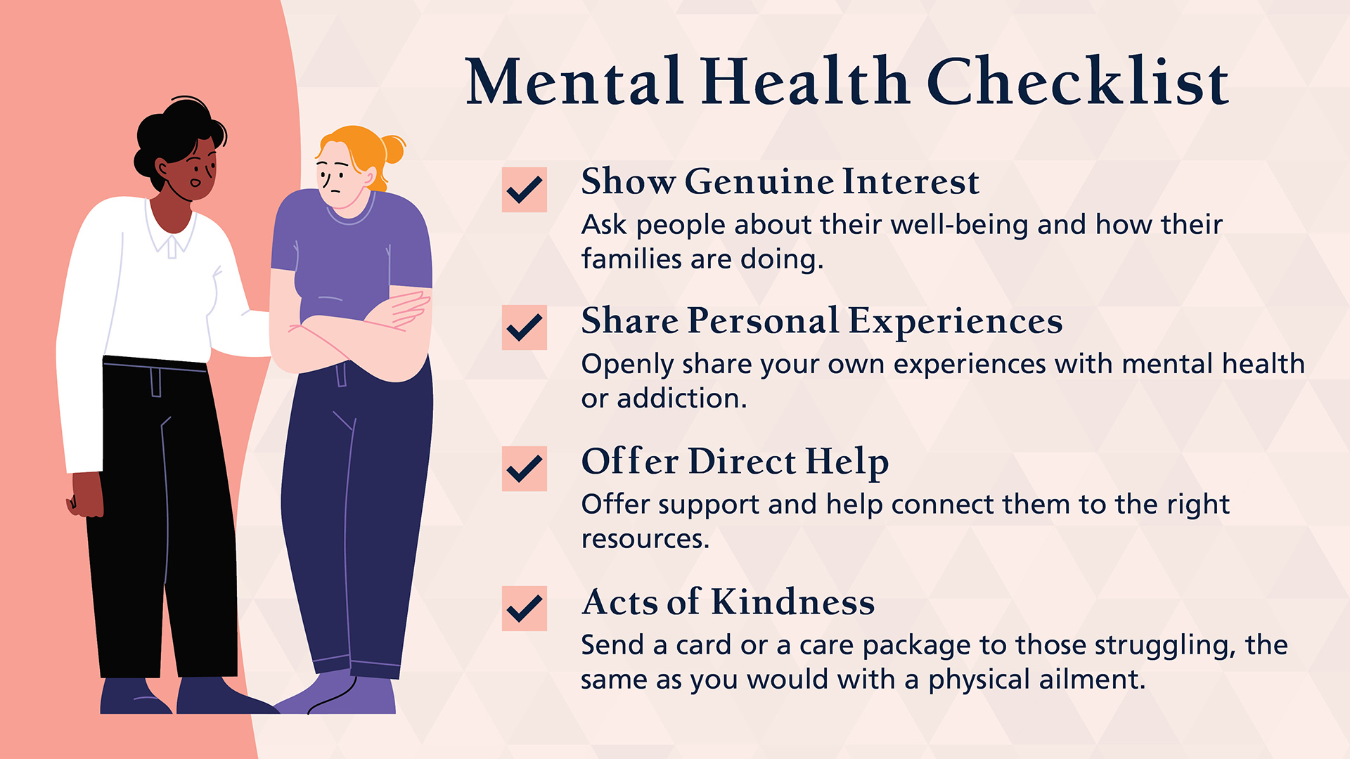 Mental Health Checklist: Show Genuine Interest, Share Personal Experiences, Offer Direct Help, Acts of Kindness